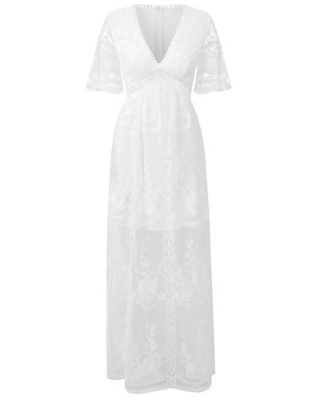 Long White Lace Boho Dress