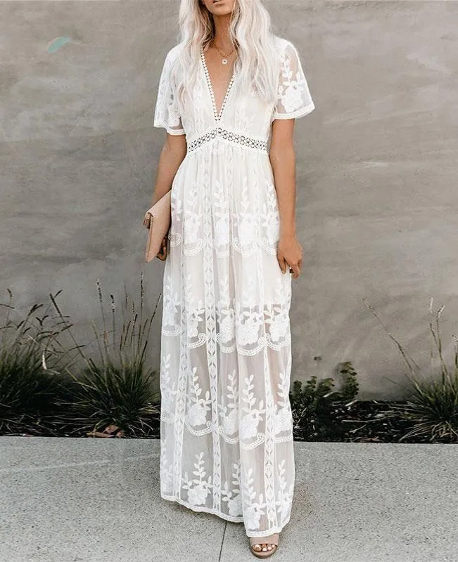 Long White Lace Boho Dress