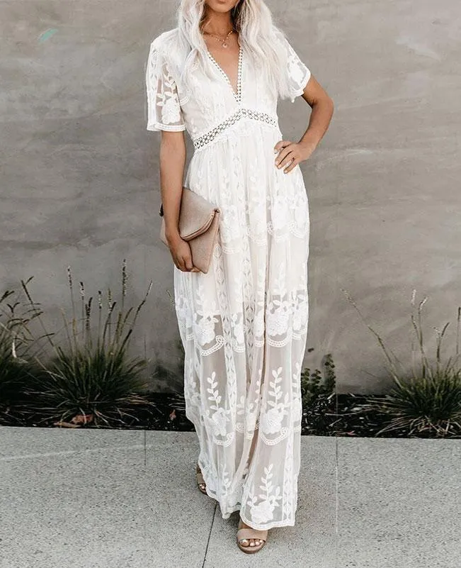 Long White Lace Boho Dress