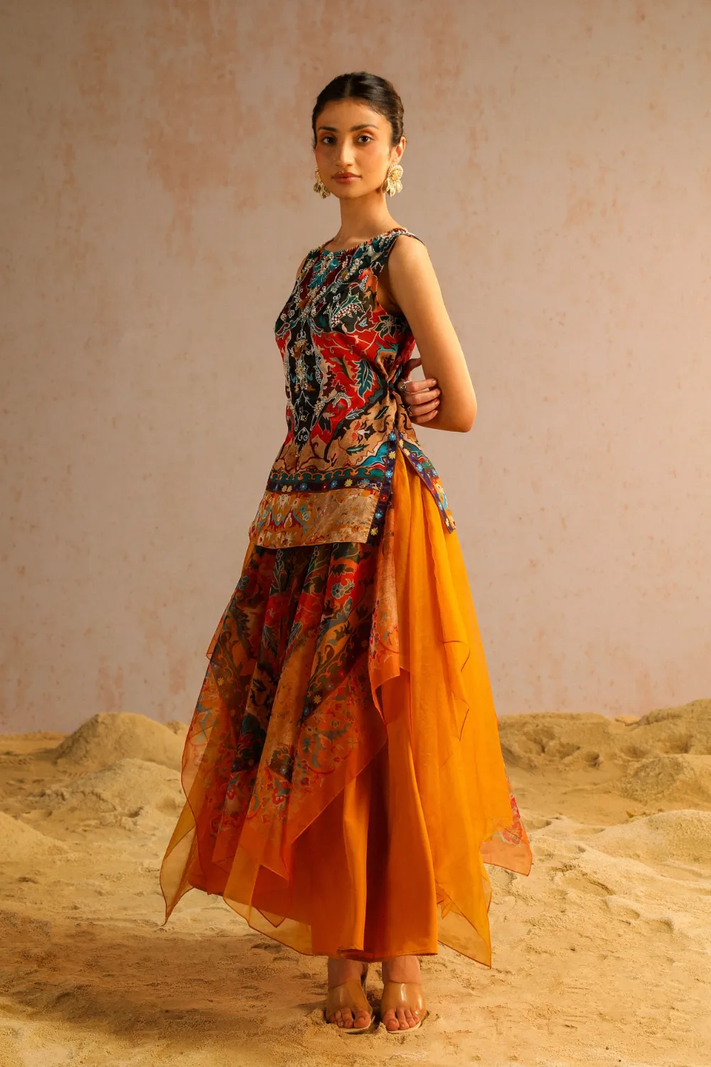 Mustard yellow layered skirt with short kurti