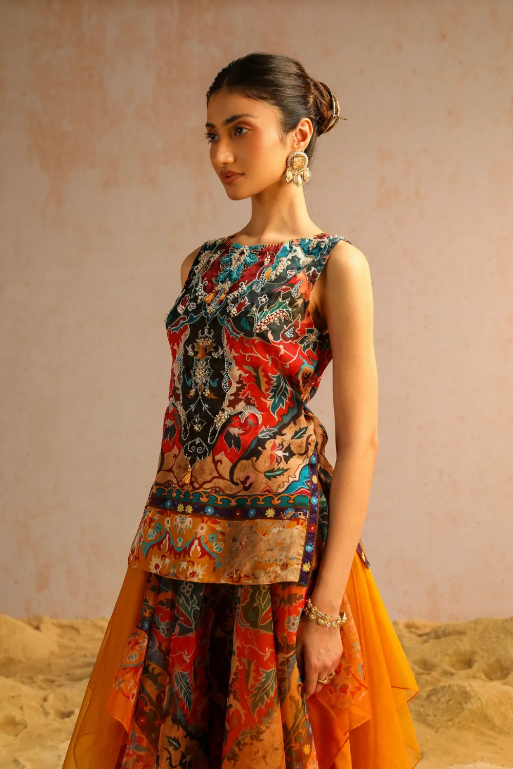 Mustard yellow layered skirt with short kurti