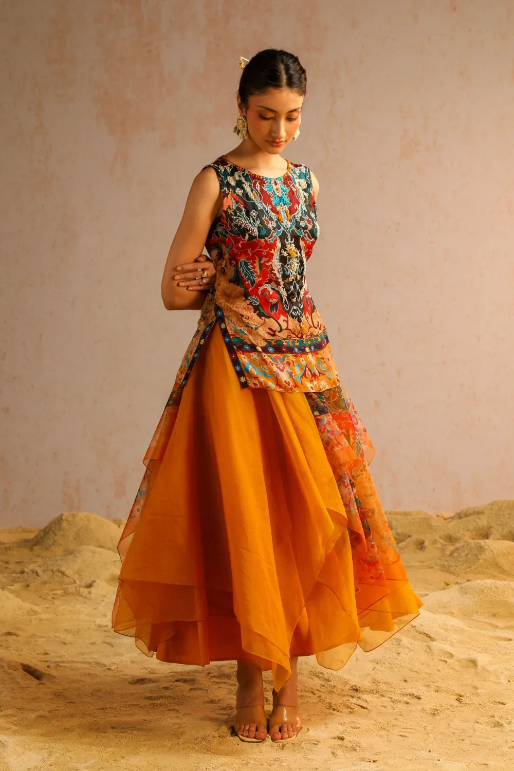 Mustard yellow layered skirt with short kurti