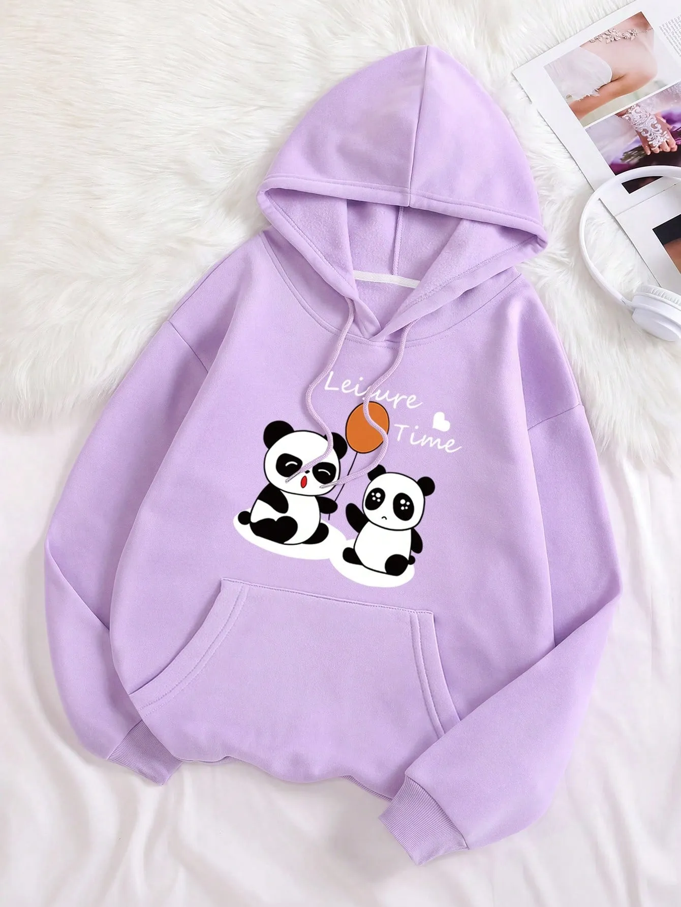 Panda & Letter Graphic Kangaroo Pocket Drawstring Thermal Hoodie FW23