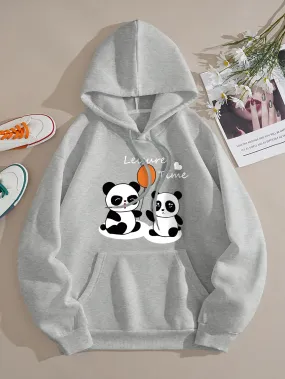 Panda & Letter Graphic Kangaroo Pocket Drawstring Thermal Hoodie FW23