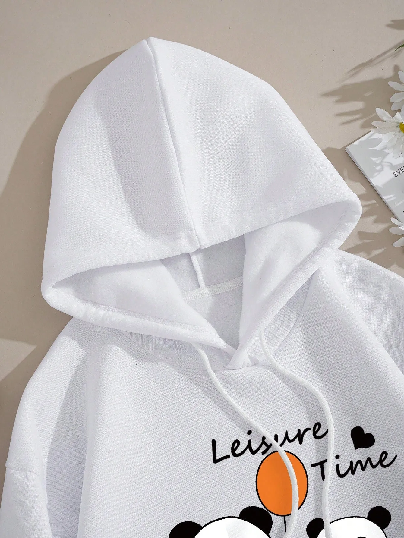 Panda & Letter Graphic Kangaroo Pocket Drawstring Thermal Hoodie FW23