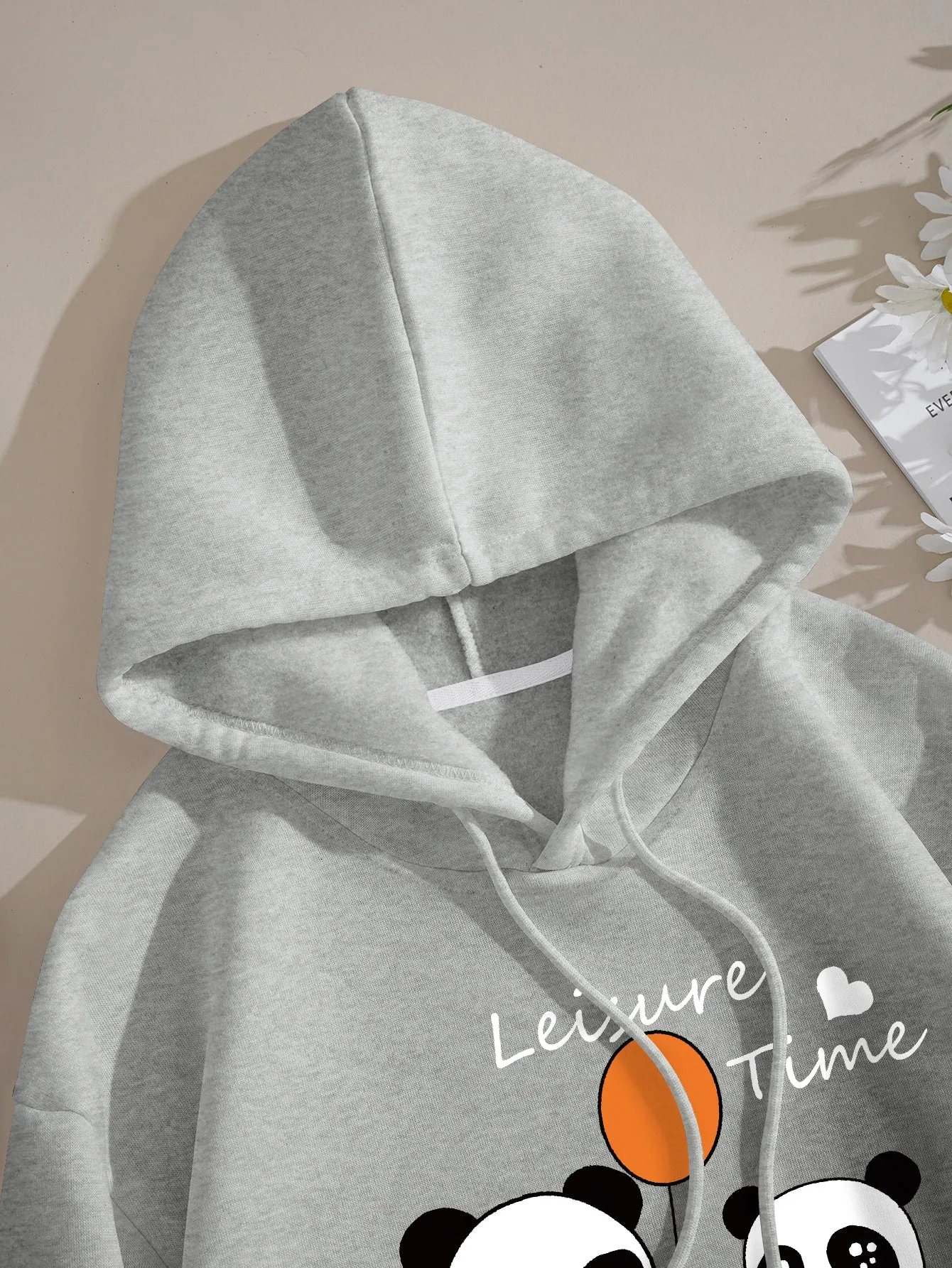 Panda & Letter Graphic Kangaroo Pocket Drawstring Thermal Hoodie FW23