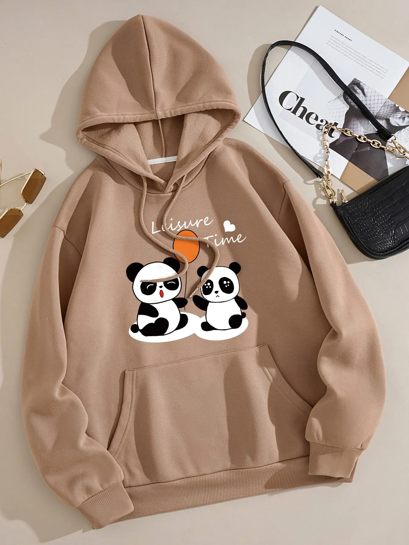 Panda & Letter Graphic Kangaroo Pocket Drawstring Thermal Hoodie FW23
