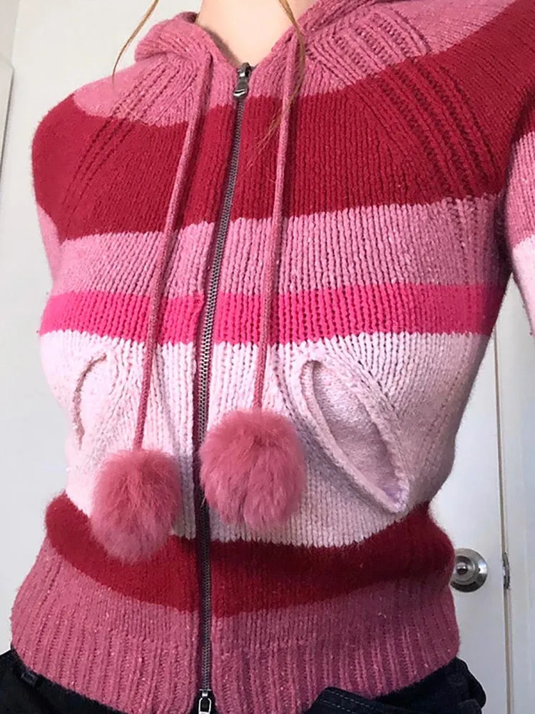Pink Stripe Hooded Zip Up Knitted Cardigan