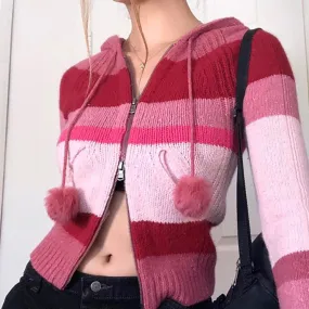 Pink Stripe Hooded Zip Up Knitted Cardigan