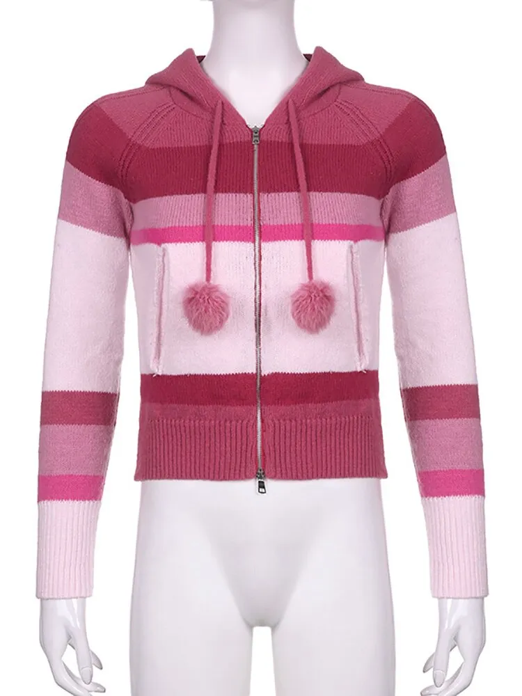 Pink Stripe Hooded Zip Up Knitted Cardigan