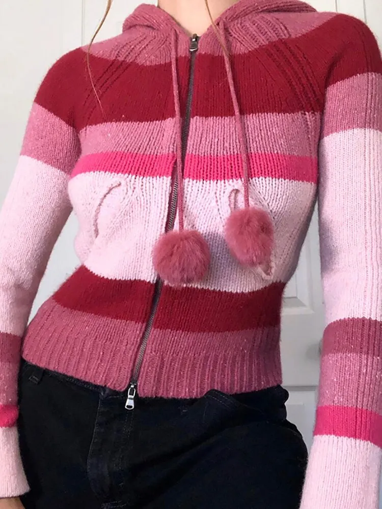 Pink Stripe Hooded Zip Up Knitted Cardigan