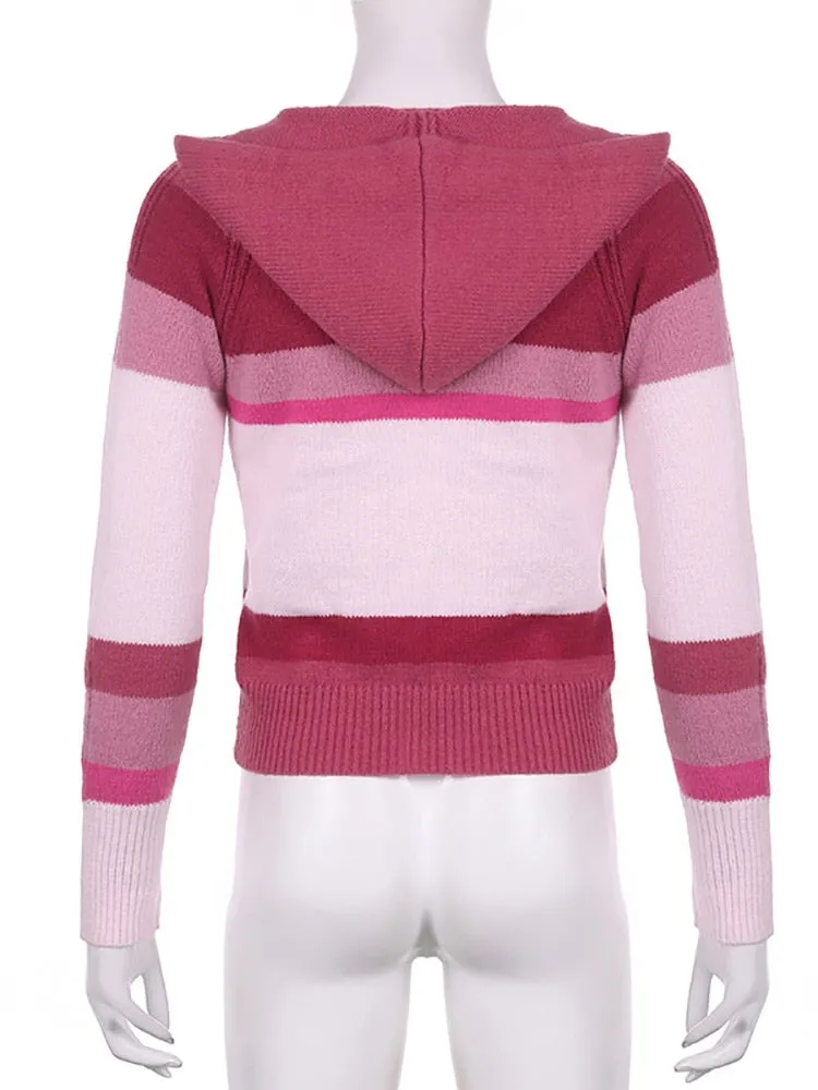Pink Stripe Hooded Zip Up Knitted Cardigan