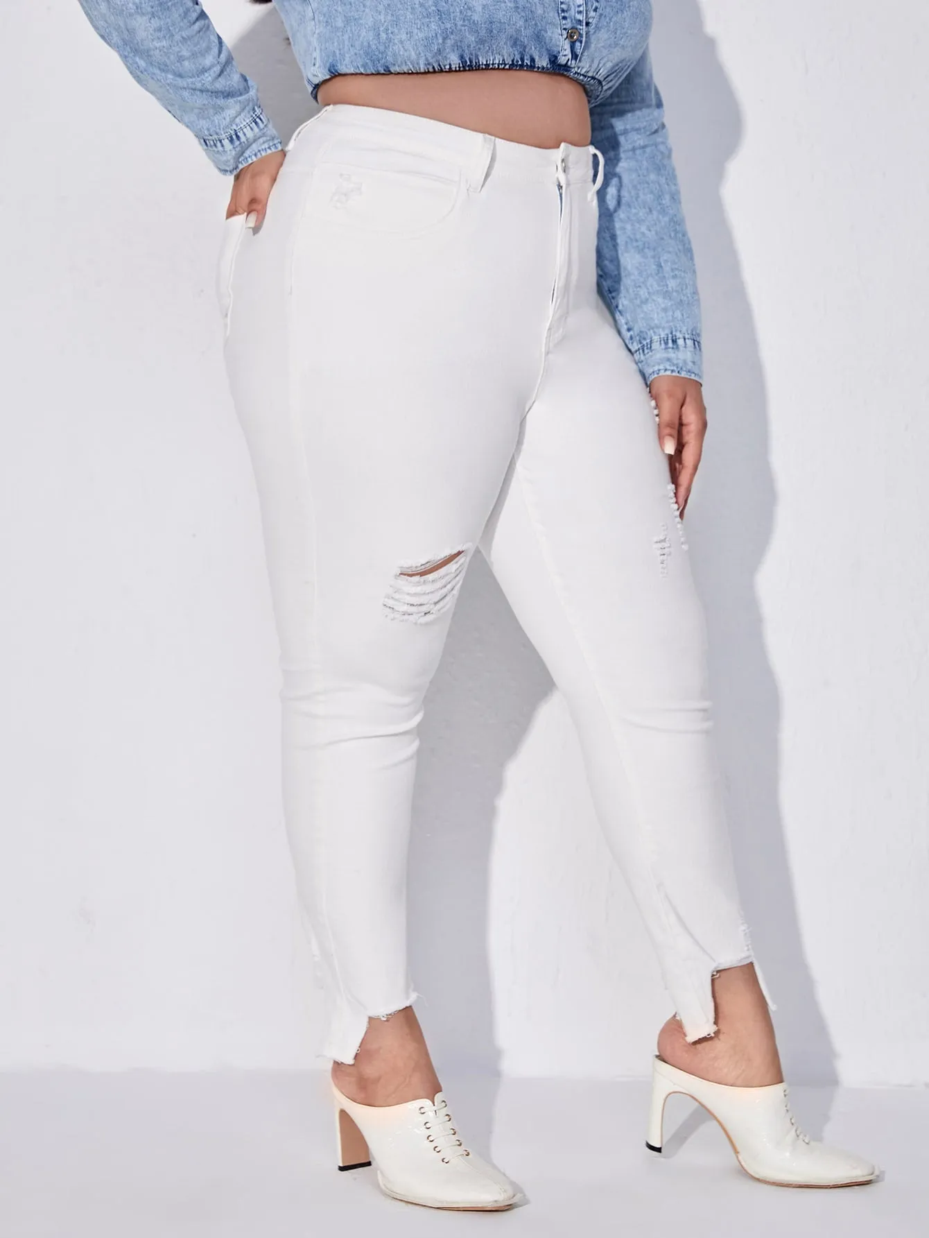 Plain Raw Wash High Waist Cropped Plus Size Jeans