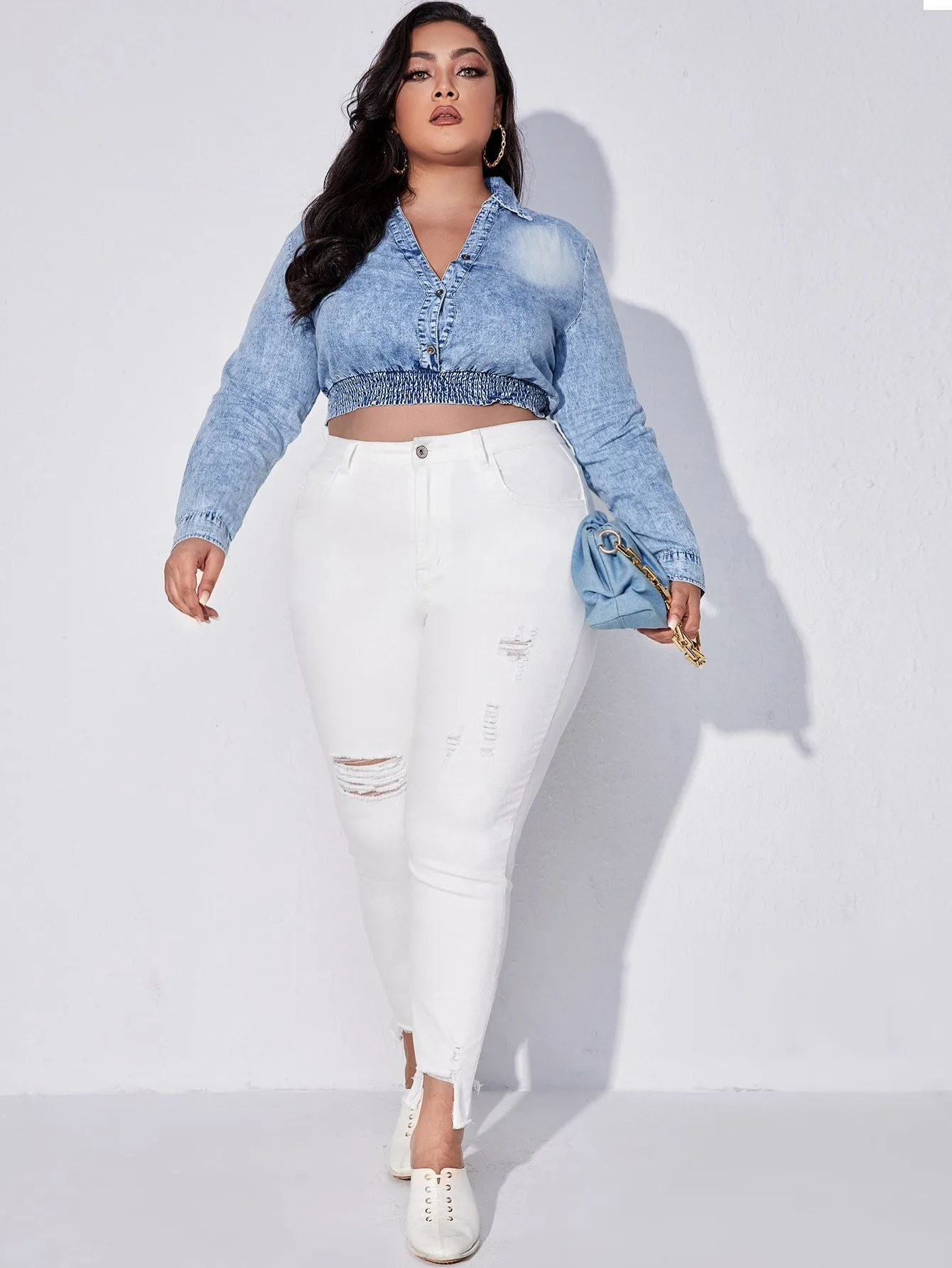Plain Raw Wash High Waist Cropped Plus Size Jeans