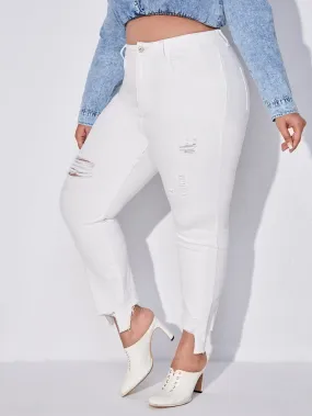 Plain Raw Wash High Waist Cropped Plus Size Jeans