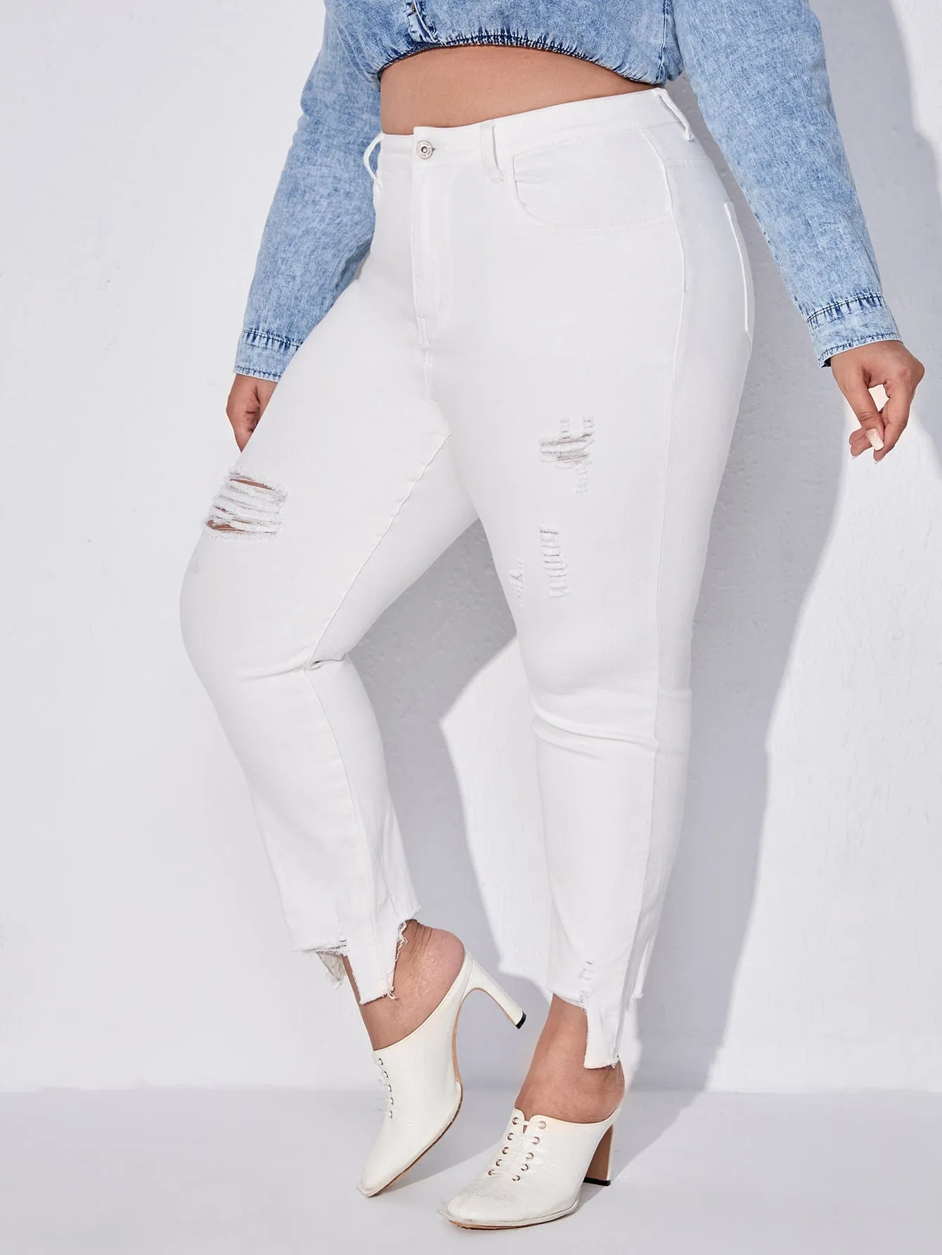 Plain Raw Wash High Waist Cropped Plus Size Jeans