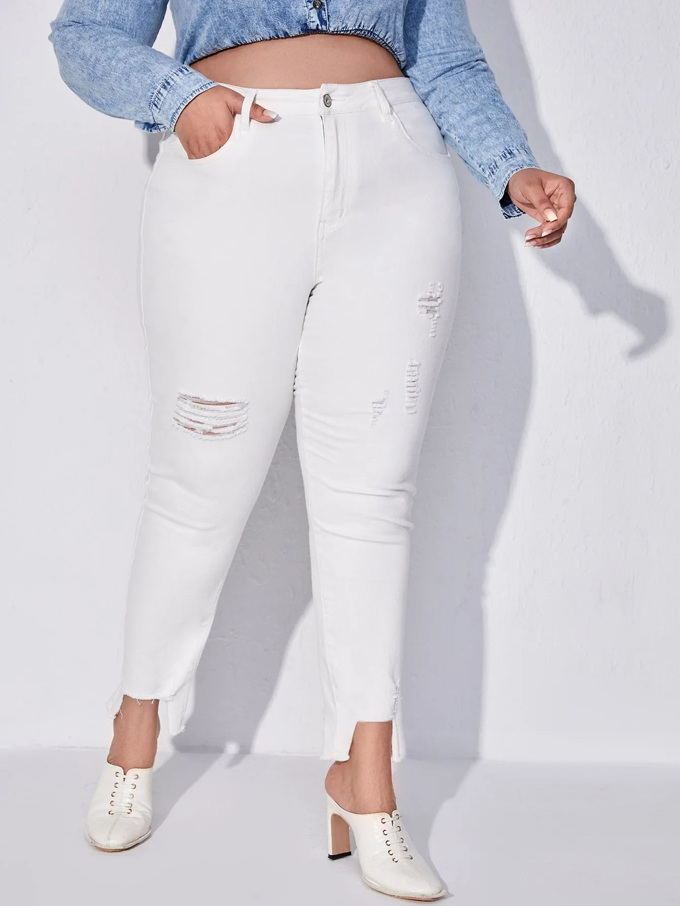Plain Raw Wash High Waist Cropped Plus Size Jeans