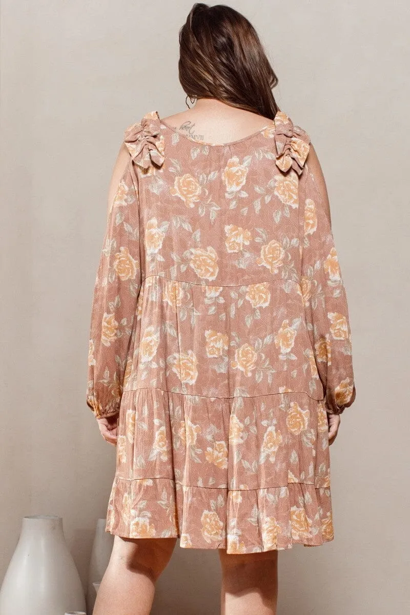 Plus Size Light Clay Brown Floral Cold Shoulder Long Sleeve Babydoll Dress
