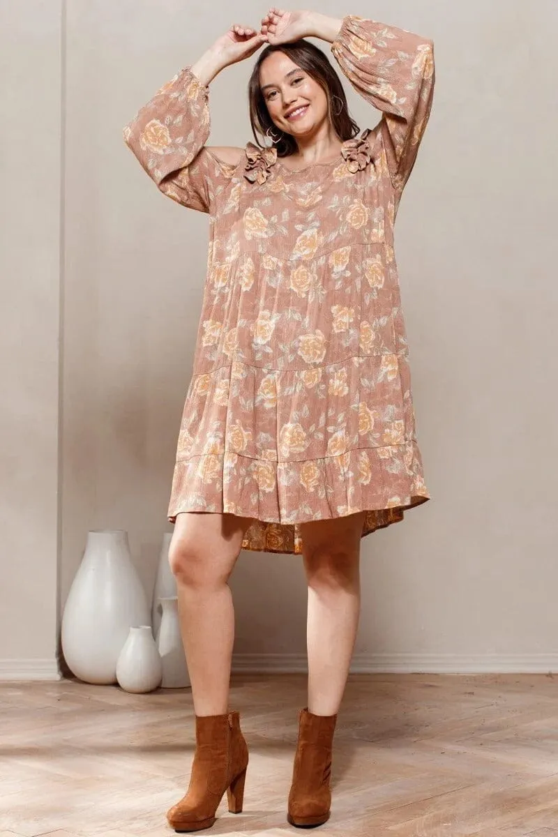 Plus Size Light Clay Brown Floral Cold Shoulder Long Sleeve Babydoll Dress