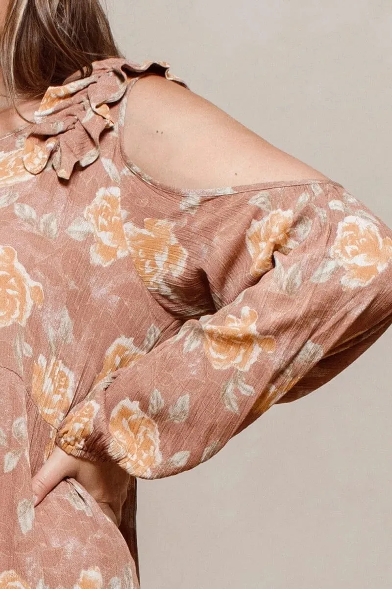 Plus Size Light Clay Brown Floral Cold Shoulder Long Sleeve Babydoll Dress