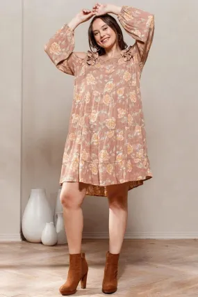 Plus Size Light Clay Brown Floral Cold Shoulder Long Sleeve Babydoll Dress