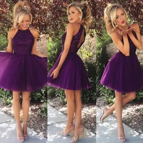 Purple Short Halter Bead Top Prom Dress with Open Back | Homecoming Dress | Graduation Dress
