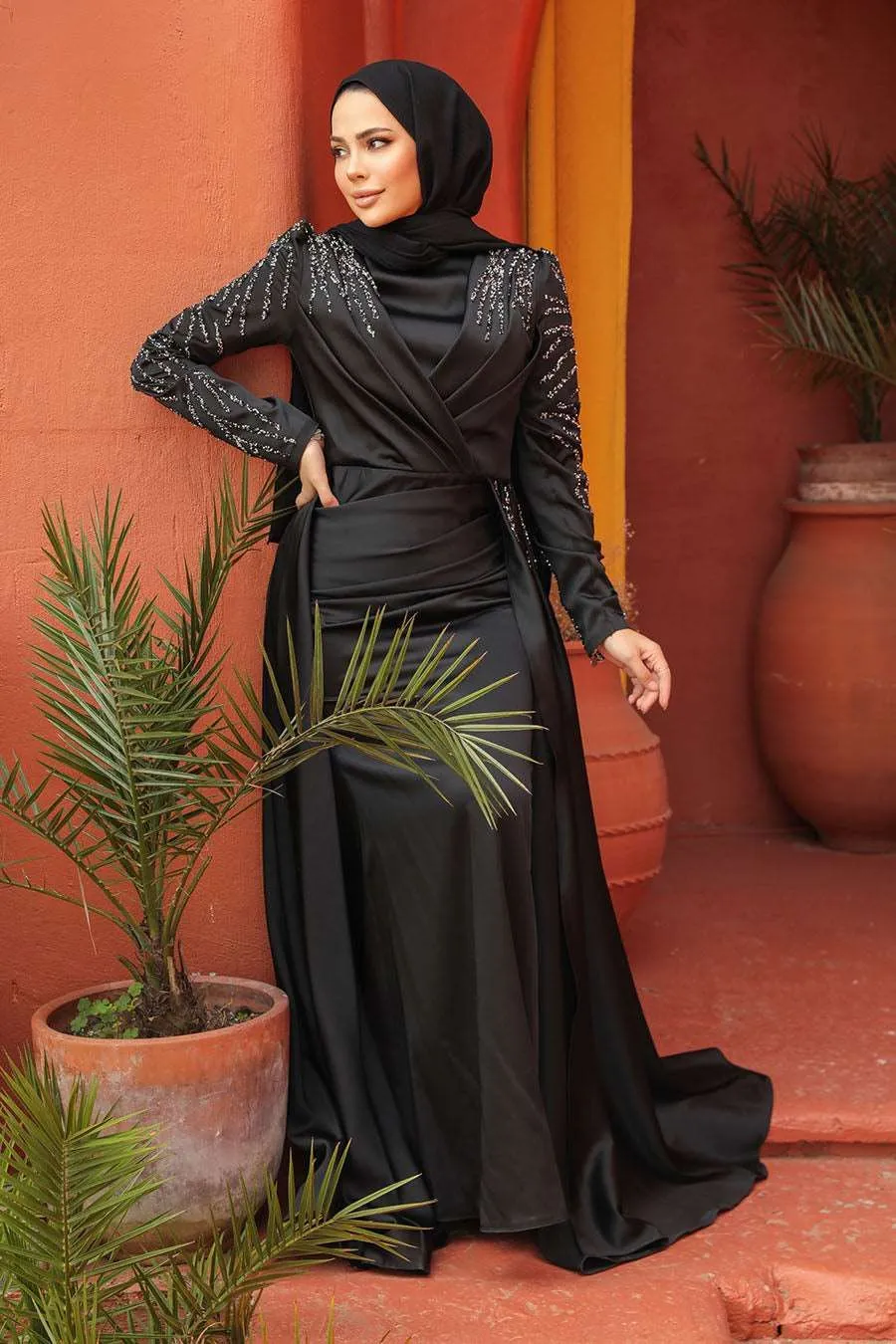 Raha Long Maxi Dress - Evening Dress Abaya - Black