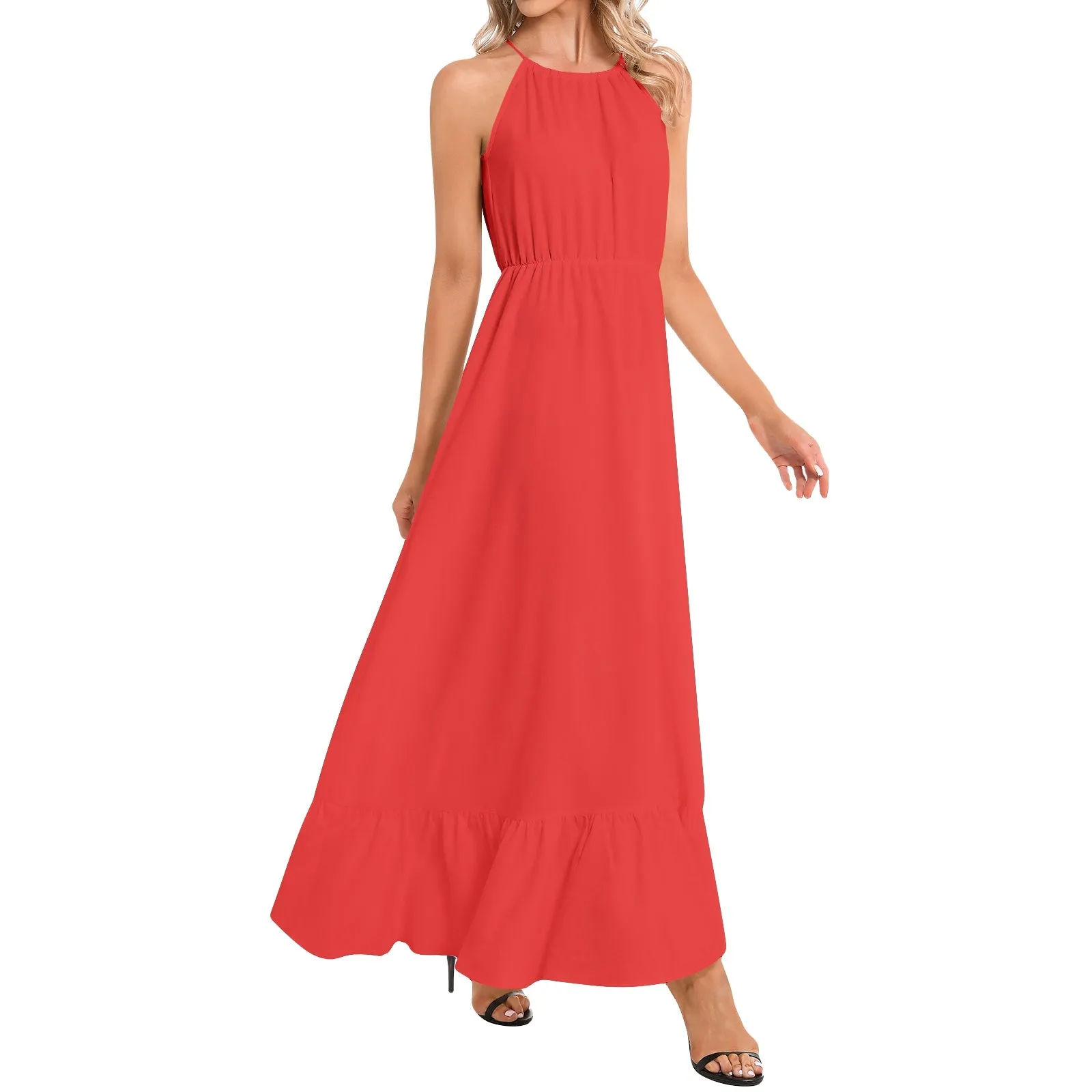Red Ruffle Hem Halter Neck Maxi Dress