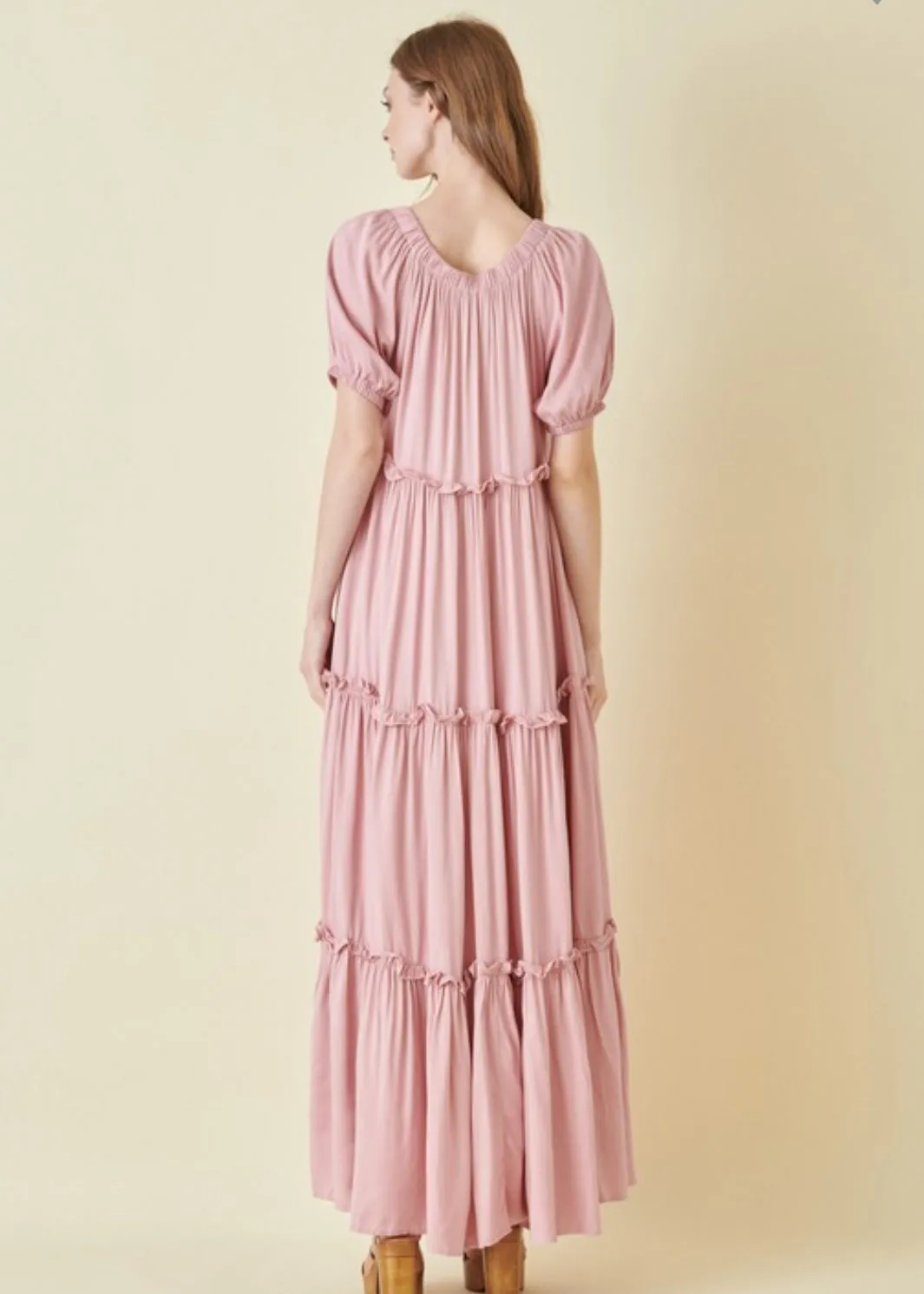 Rose Bud, Tiered Peasant Maxi Dress, Pale Pink