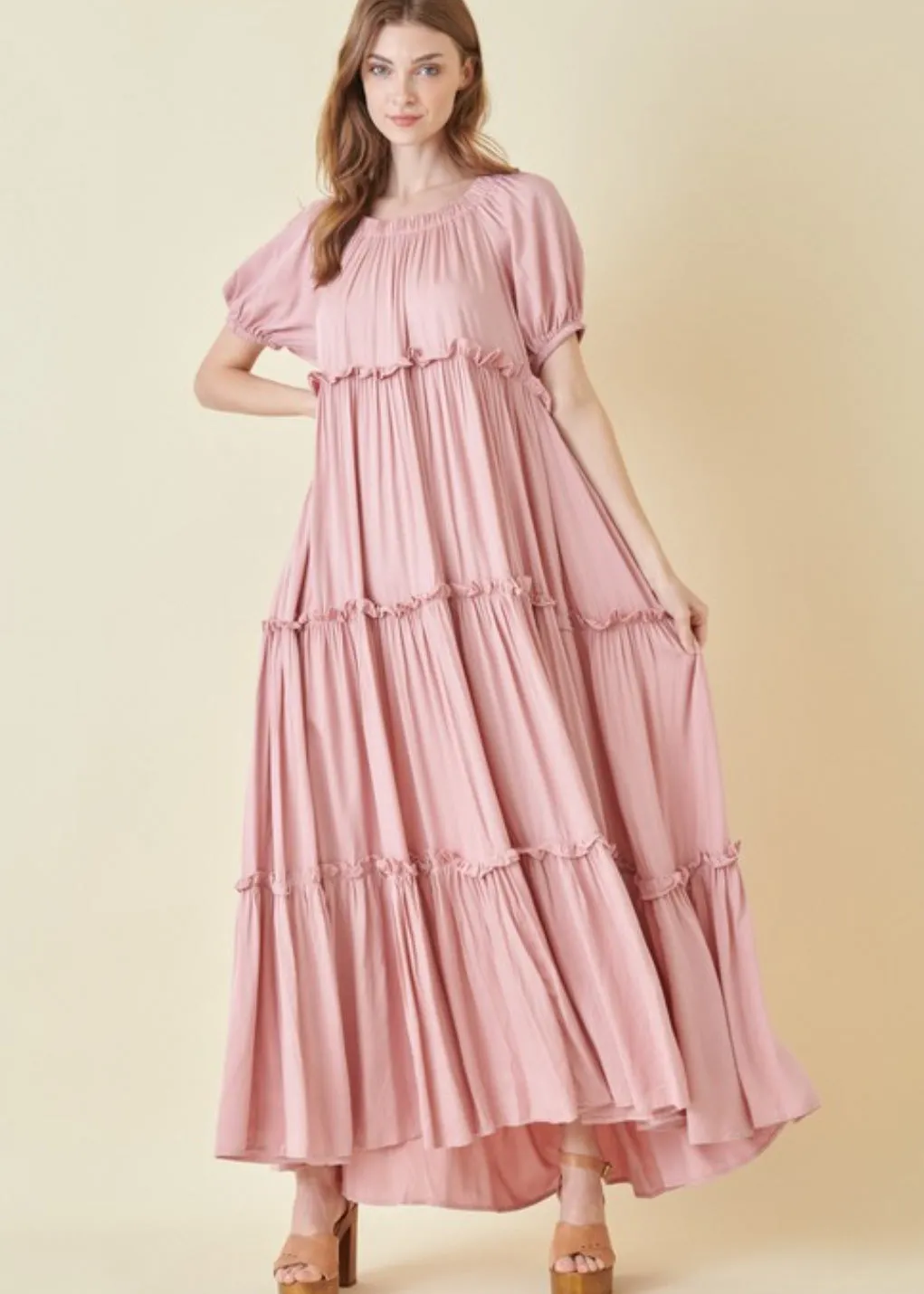 Rose Bud, Tiered Peasant Maxi Dress, Pale Pink