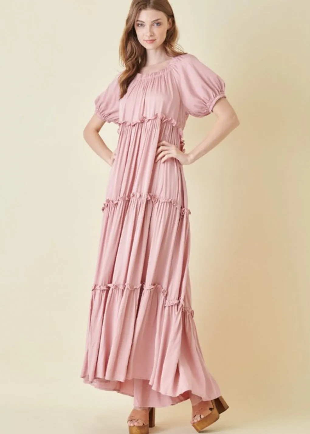 Rose Bud, Tiered Peasant Maxi Dress, Pale Pink