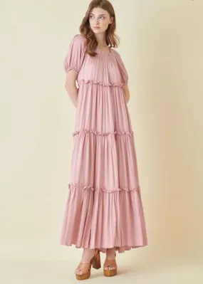 Rose Bud, Tiered Peasant Maxi Dress, Pale Pink