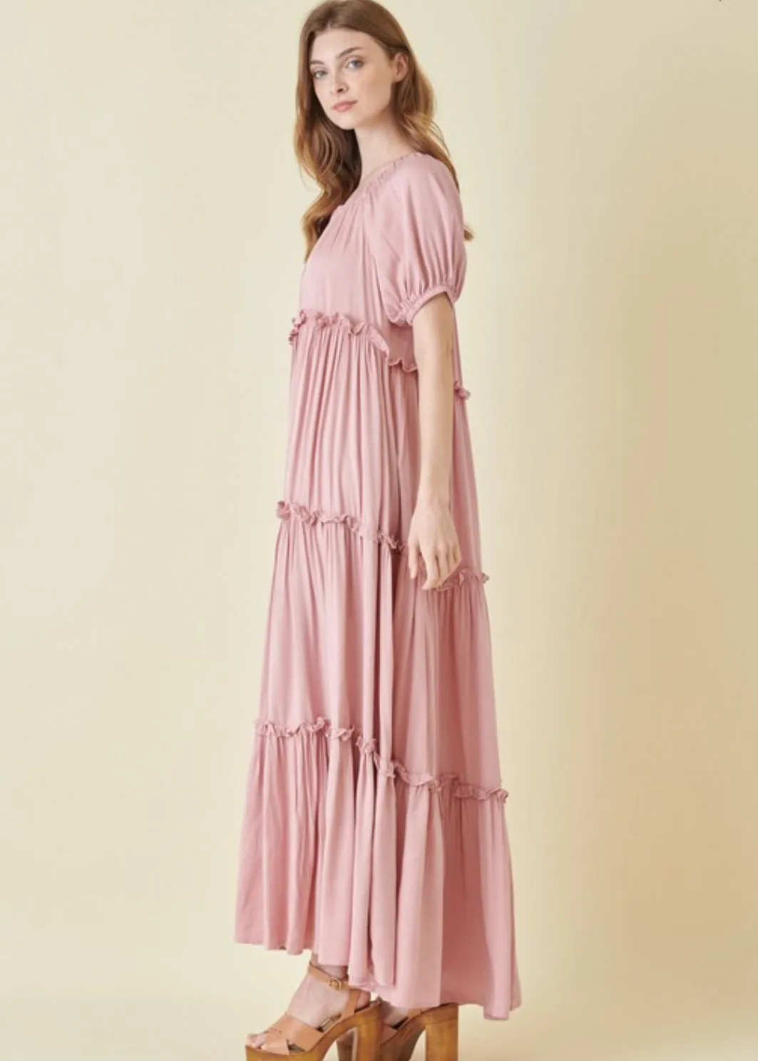 Rose Bud, Tiered Peasant Maxi Dress, Pale Pink