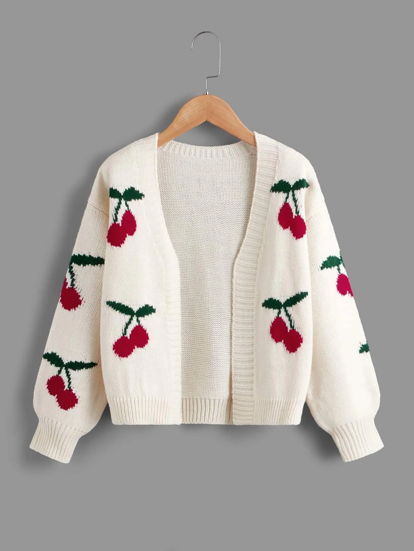 SHENHE Girl's V Neck Cherry Print Cute Open Front Soft Drop Shoulder Cardigan Sweater Beige 13-14Y