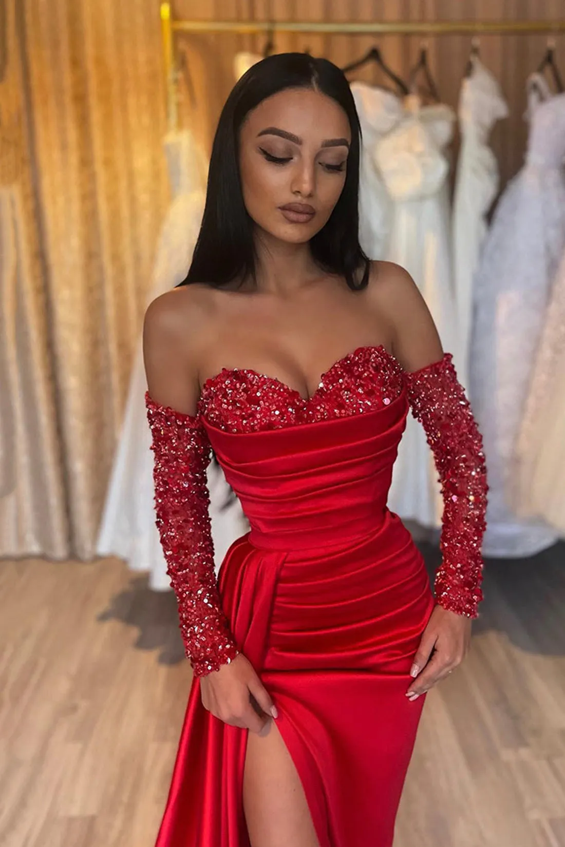 Stylish Sweetheart Sequins Long Sleeves Long Prom  Dress