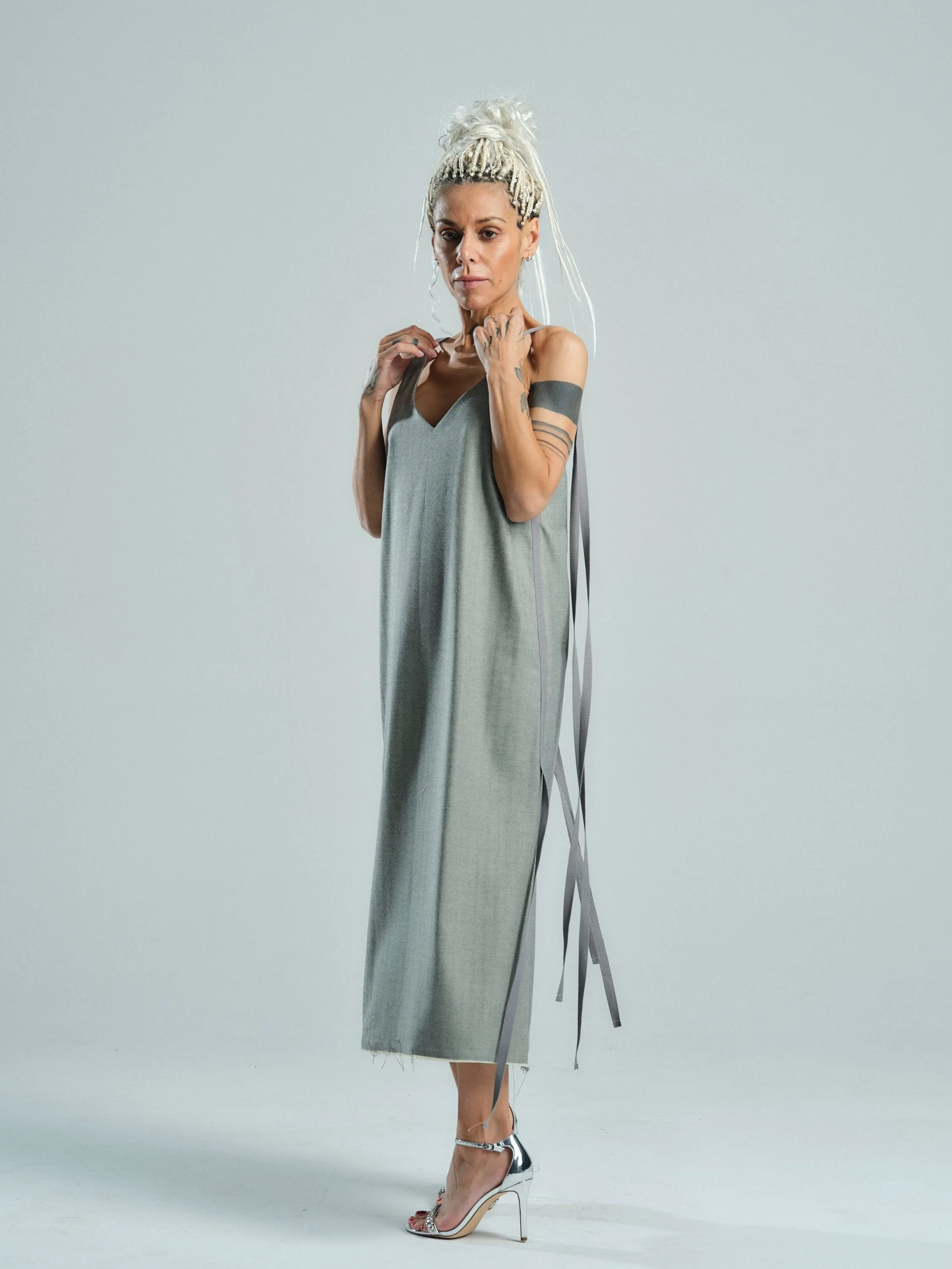 Tie-Detailed Grey Midi Dress