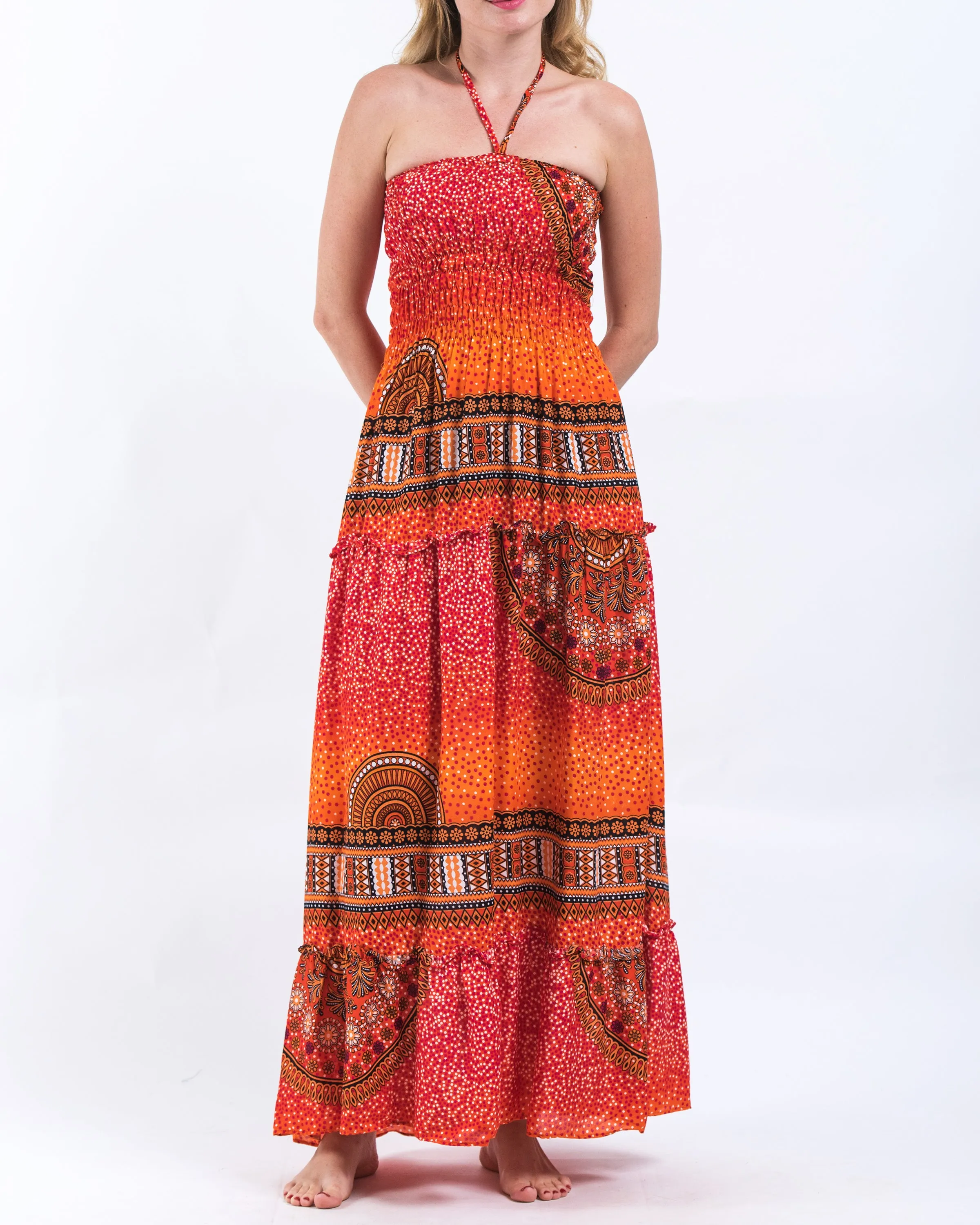 Tribal Chakras Smocked Dress in Orange