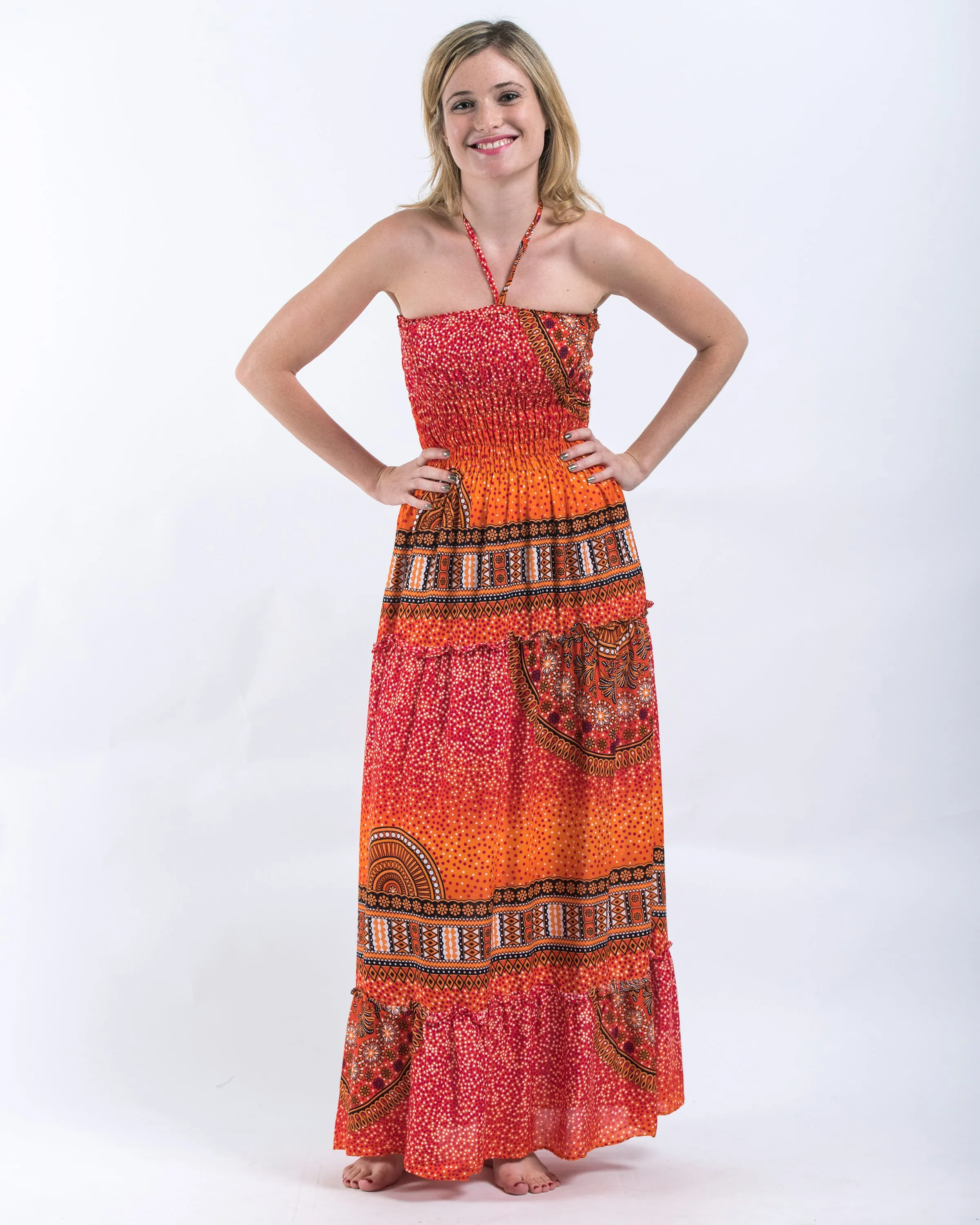 Tribal Chakras Smocked Dress in Orange