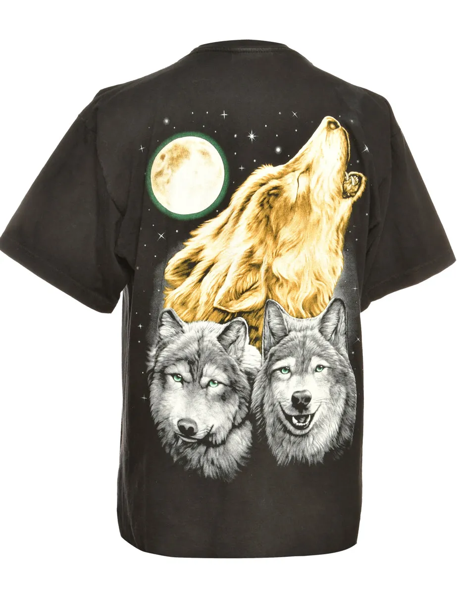 Wolf Print Black Animal T-shirt - L