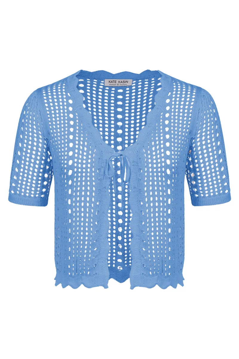 Women Hollowed-out Cardigan Short Sleeve V-Neck Tie-Front Shrug Knitwear