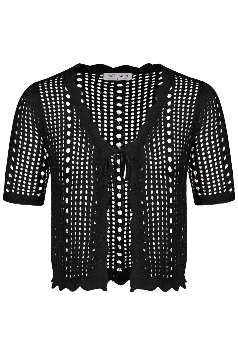 Women Hollowed-out Cardigan Short Sleeve V-Neck Tie-Front Shrug Knitwear