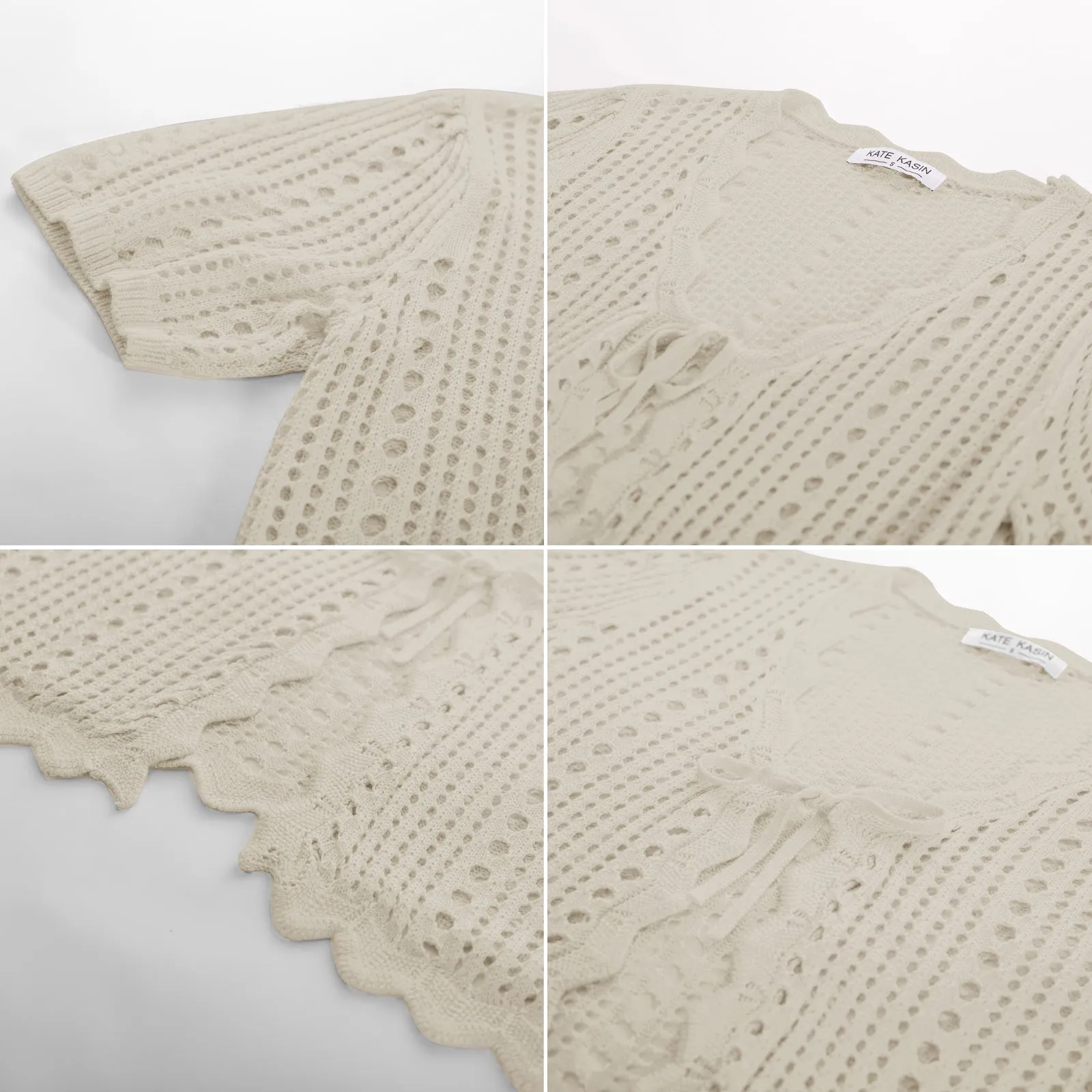 Women Hollowed-out Cardigan Short Sleeve V-Neck Tie-Front Shrug Knitwear