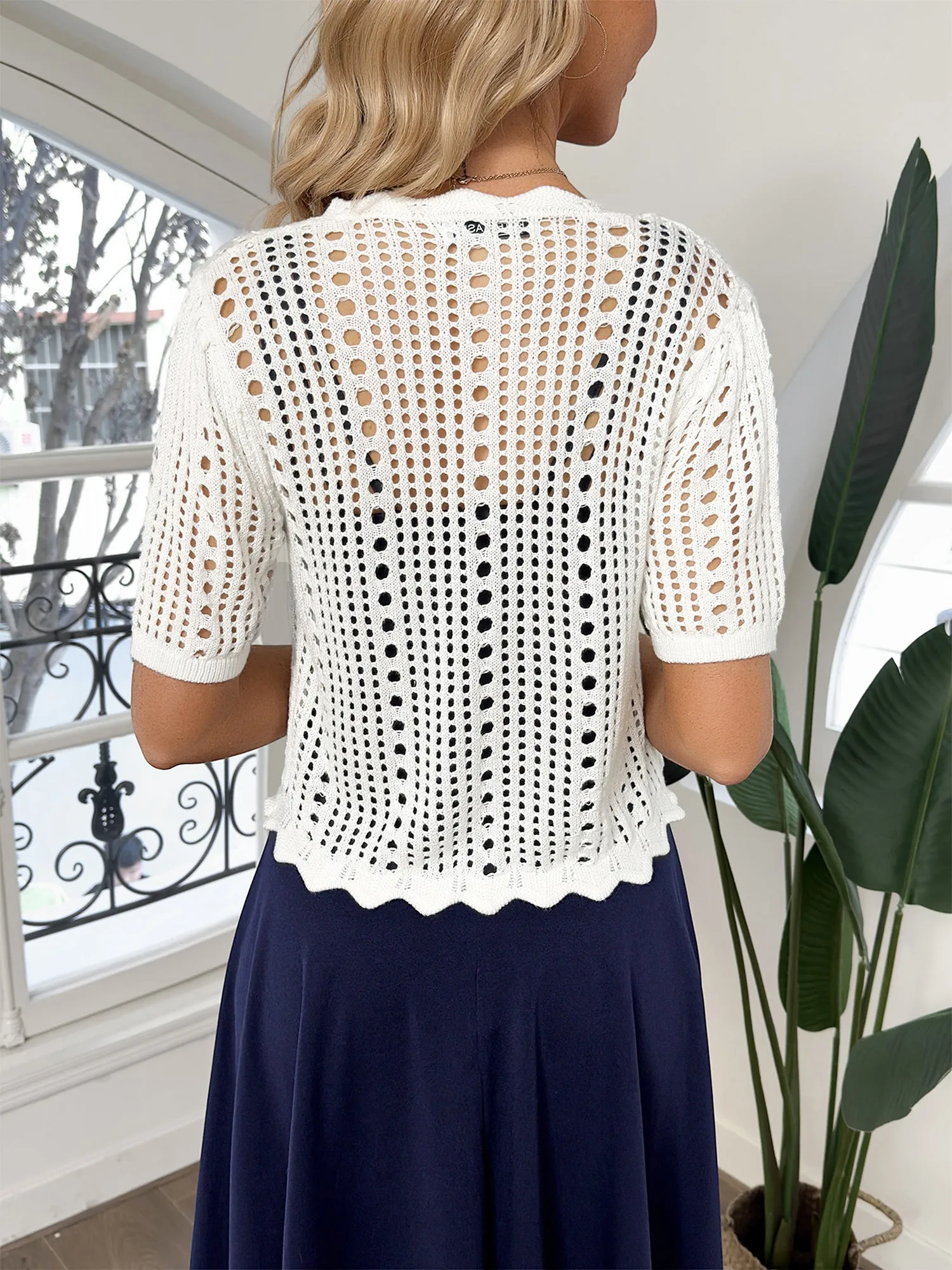Women Hollowed-out Cardigan Short Sleeve V-Neck Tie-Front Shrug Knitwear