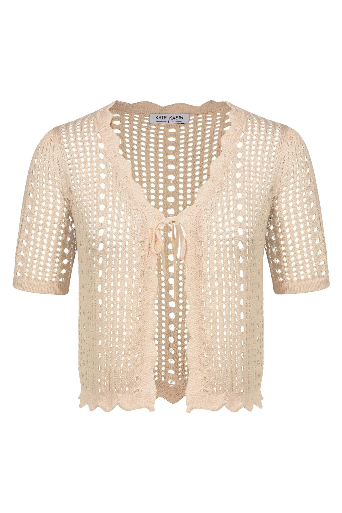 Women Hollowed-out Cardigan Short Sleeve V-Neck Tie-Front Shrug Knitwear