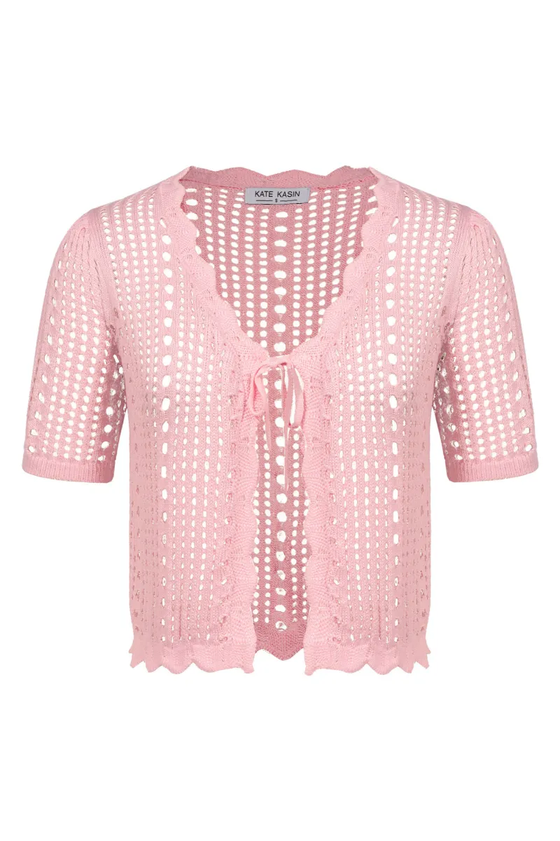 Women Hollowed-out Cardigan Short Sleeve V-Neck Tie-Front Shrug Knitwear