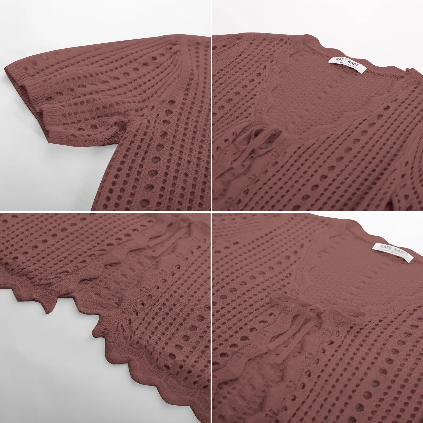 Women Hollowed-out Cardigan Short Sleeve V-Neck Tie-Front Shrug Knitwear