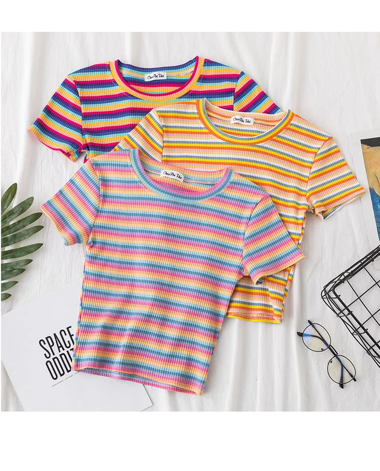 Women's short navel-baring rainbow striped tight T-shirt