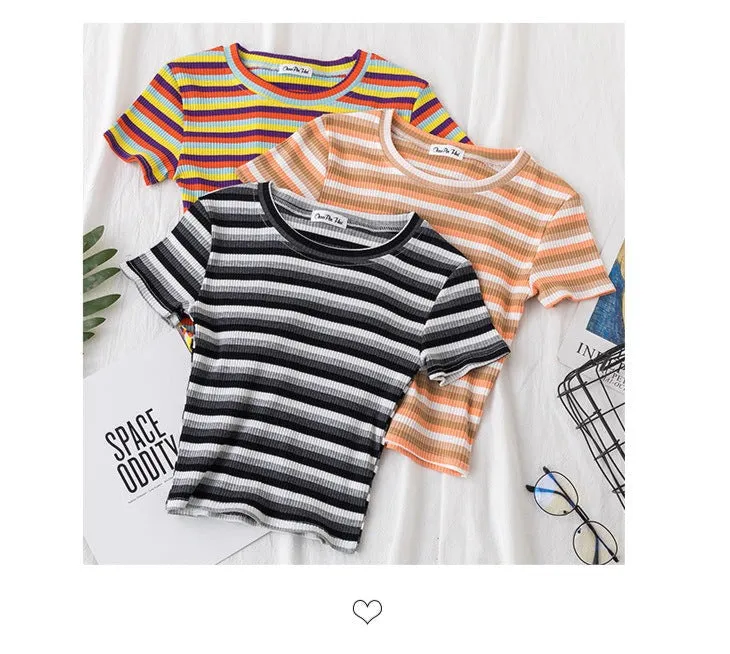 Women's short navel-baring rainbow striped tight T-shirt