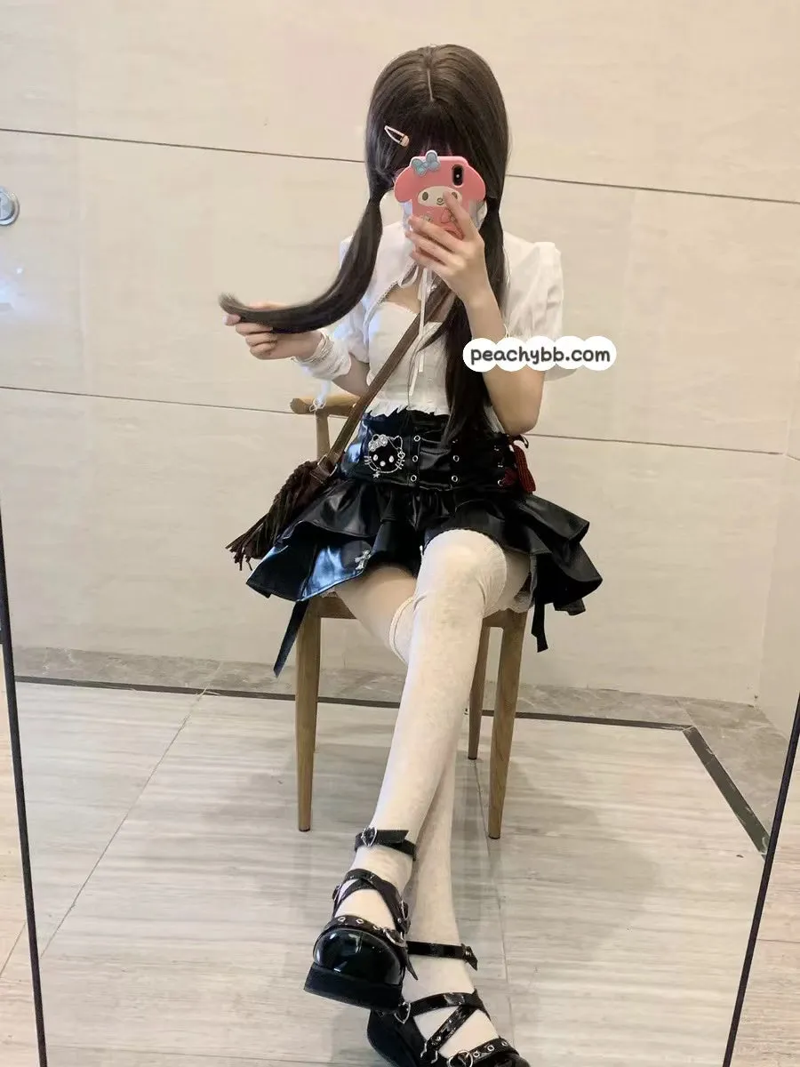 Y2K Hello Kitty Inspired Black Leather Mini Layered Skirt