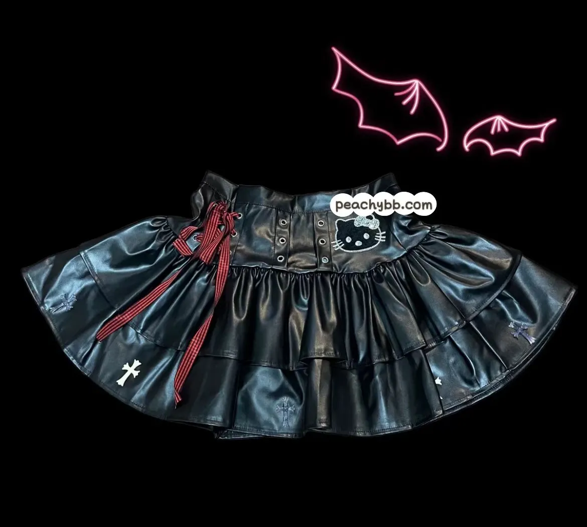 Y2K Hello Kitty Inspired Black Leather Mini Layered Skirt